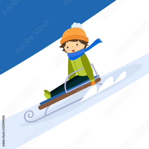 a boy slides down a hill on a sled
