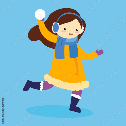 girl throwing snowballs on a blue background