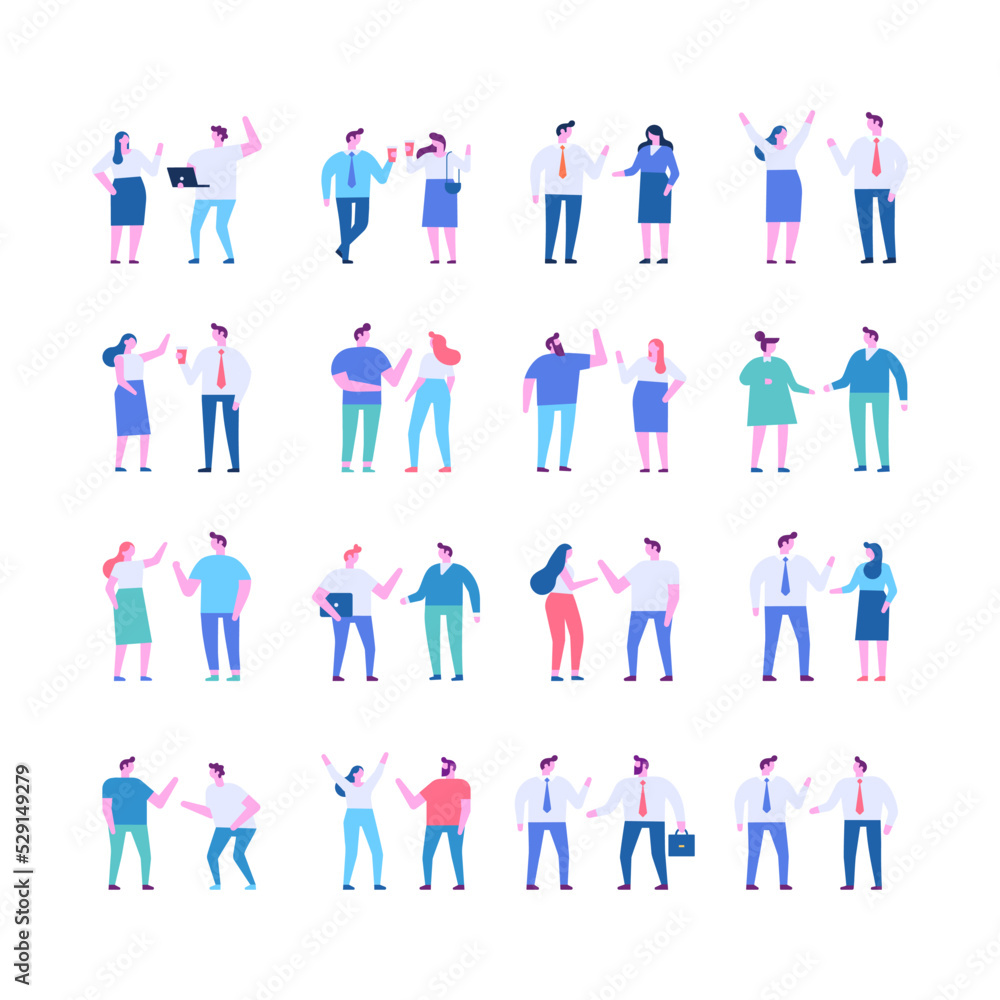 Tiny people talking flat vector illustration set