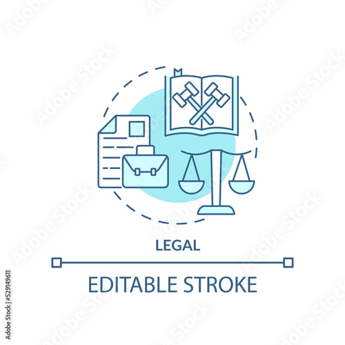 Legal turquoise concept icon. Law regulation. Customer protection. PESTLE analysis abstract idea thin line illustration. Isolated outline drawing. Editable stroke. Arial, Myriad Pro-Bold fonts used