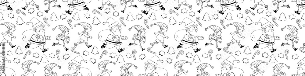 Obraz premium Vector seamless pattern with outline Santa Claus and his Christmas elves. New year Xmas backgrounds and textures. For greeting cards, wrapping paper, packaging, textile, fabric, prints.