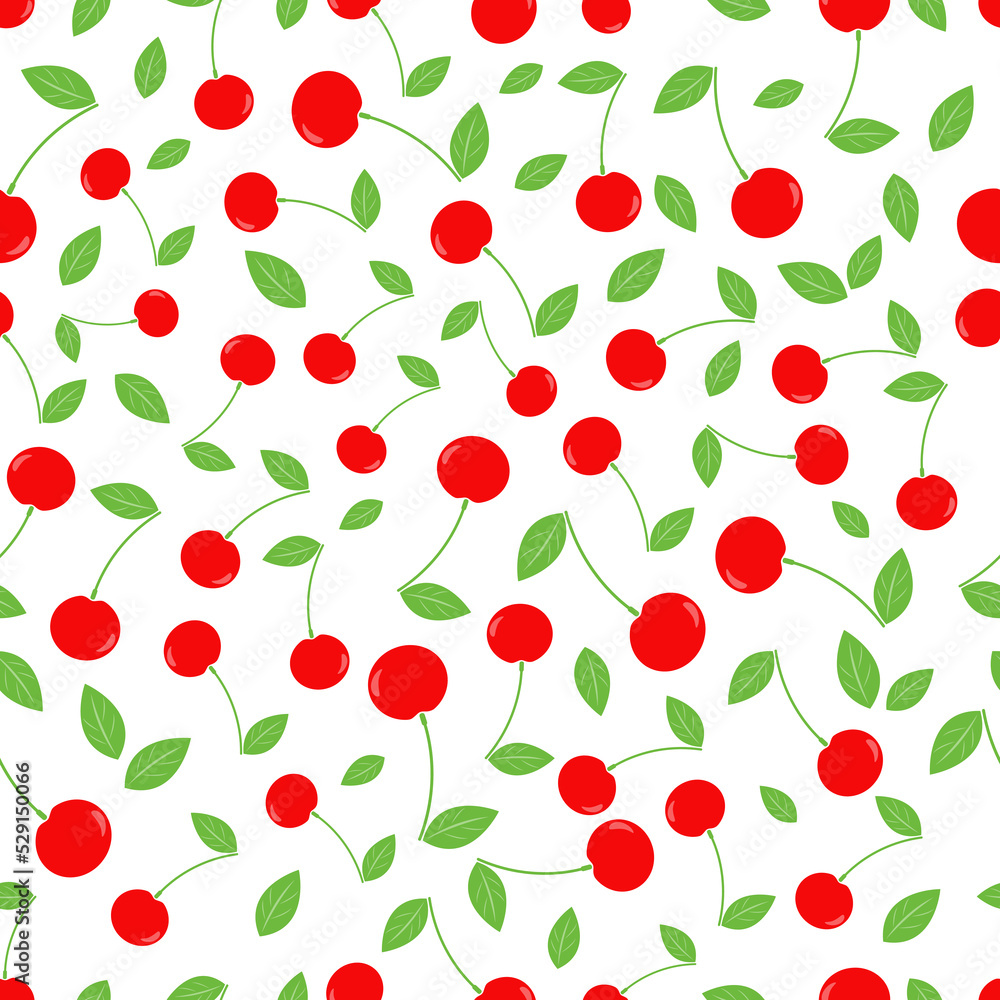 Cherry seamless pattern. Color sign wild berries on white background. Colorful cherries icon. Summer background with berries. Design for print on wrapping paper, packaging, fabric. Vector illustration Cherry seamless pattern. Color sign wild berries on white background. Colorful cherries icon. Summer background with berries. Design for print on wrapping paper, packaging, fabric. Vector illustration