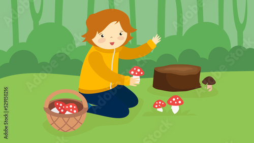 The boy collects fly agaric instead of edible mushrooms in a basket