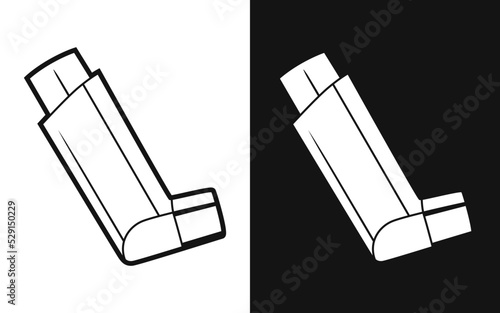Simple black and white line art drawing of an inhaler