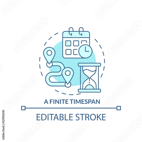 Finite timespan turquoise concept icon. Definite start and end. Project management abstract idea thin line illustration. Isolated outline drawing. Editable stroke. Arial, Myriad Pro-Bold fonts used