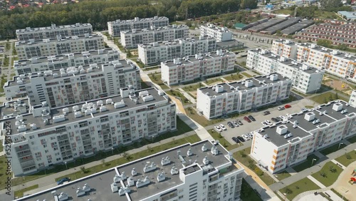 View of the new residential areas of the city from a drone. Apartment buildings and urban infrastructure
