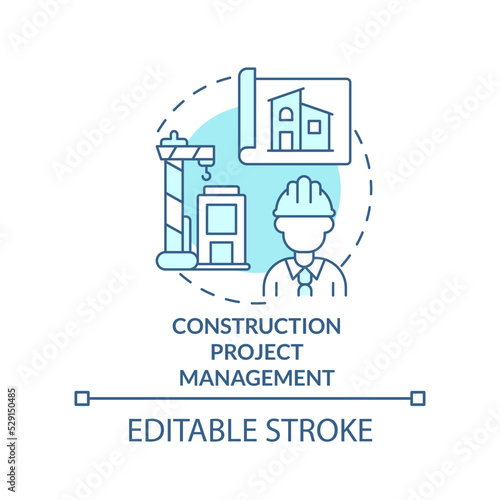 Construction project management turquoise concept icon. Business development strategy abstract idea thin line illustration. Isolated outline drawing. Editable stroke. Arial, Myriad Pro-Bold fonts used