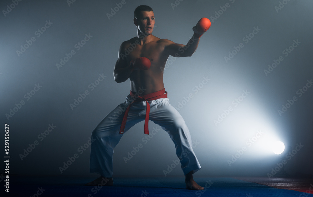 Young black belt fighter training karate in gym
