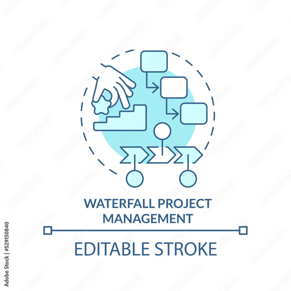 Waterfall project management turquoise concept icon. Step by step work style abstract idea thin line illustration. Isolated outline drawing. Editable stroke. Arial, Myriad Pro-Bold fonts used Waterfall project management turquoise concept icon. Step by step work style abstract idea thin line illustration. Isolated outline drawing. Editable stroke. Arial, Myriad Pro-Bold fonts used