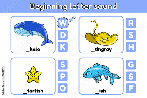 Cards matching educational game of beginning letter sound for kids. Worksheet for preschool with cute cartoon sea animals. Vector illustration.