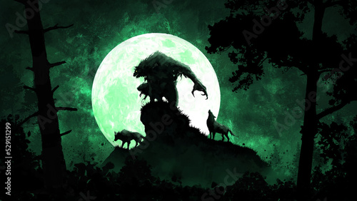 Fotografie, Obraz A werewolf stands on a rock with two wolves against the backdrop of the moon