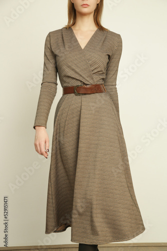 Serie of studio photos of young female model in brown tweed dress, autumn winter fashion collection.