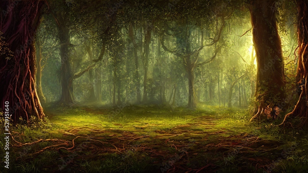 Fantasy fairy-tale magical forest, sunny evening light through the branches of trees. Magical trees in a wooded area. Haze at sunset, plants, moss and grass in the forest. 3d illustration - obrazy, fototapety, plakaty 