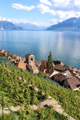 Chexbres - Lavaux vineyards on terraces, UNESCO World Heritage Site, Lake Geneva shore, Lac Leman. One of Switzerland's best-known and most fascinating wine-growing regions.