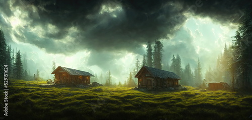 Fotografia House in a dark gloomy forest, a hermit village in a wooded area, light in the windows of houses