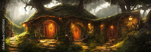 Hobbit village, houses with round doors and windows. Roofs of the houses are covered with grass. World of the Lord of the Rings. 3d illustration photo