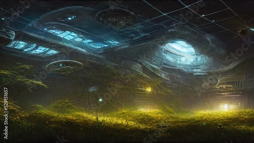 Obraz na plátně Abandoned space station overgrown with vegetation, plants and grass, empty room