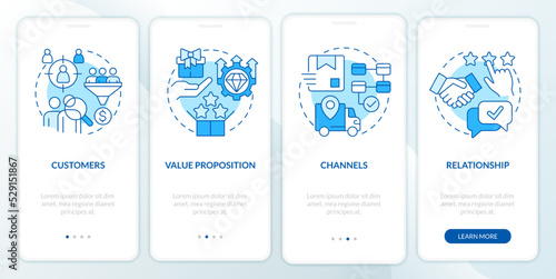 Business model canvas blue onboarding mobile app screen. Management walkthrough 4 steps editable graphic instructions with linear concepts. UI, UX, GUI template. Myriad Pro-Bold, Regular fonts used