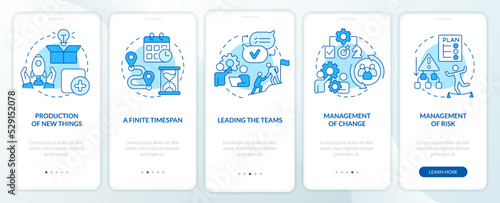 Project management blue onboarding mobile app screen. Organization walkthrough 5 steps editable graphic instructions with linear concepts. UI, UX, GUI template. Myriad Pro-Bold, Regular fonts used