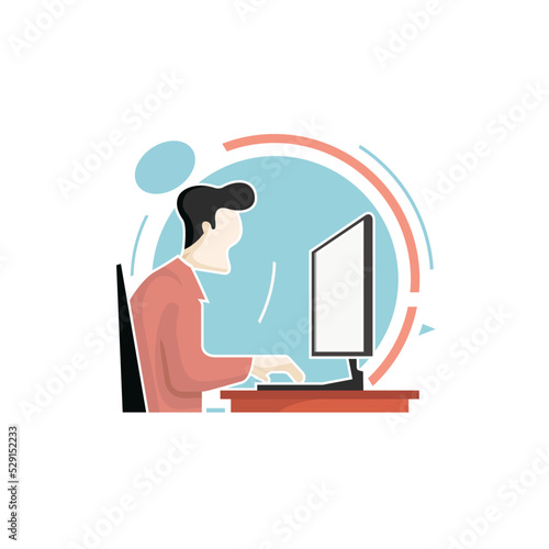 Man working on computer, vector, illustration