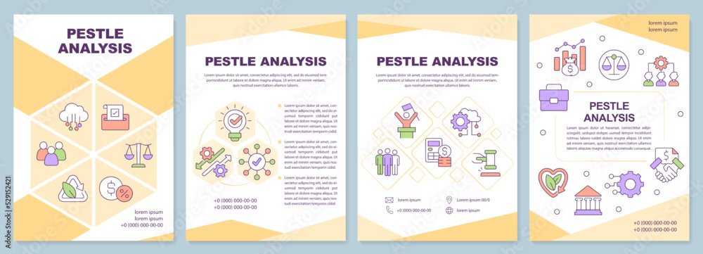 PESTLE analysis yellow brochure template. Management tool. Leaflet design with linear icons. Editable 4 vector layouts for presentation, annual reports. Arial-Black, Myriad Pro-Regular fonts used