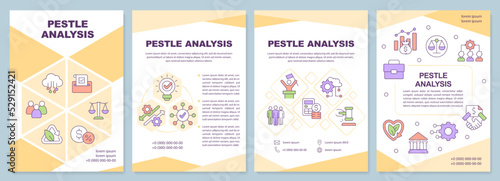 PESTLE analysis yellow brochure template. Management tool. Leaflet design with linear icons. Editable 4 vector layouts for presentation, annual reports. Arial-Black, Myriad Pro-Regular fonts used
