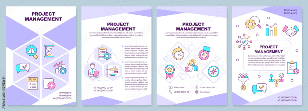 Project management purple brochure template. Development. Leaflet design with linear icons. Editable 4 vector layouts for presentation, annual reports. Arial-Black, Myriad Pro-Regular fonts used Project management purple brochure template. Development. Leaflet design with linear icons. Editable 4 vector layouts for presentation, annual reports. Arial-Black, Myriad Pro-Regular fonts used