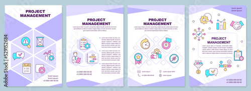 Project management purple brochure template. Development. Leaflet design with linear icons. Editable 4 vector layouts for presentation, annual reports. Arial-Black, Myriad Pro-Regular fonts used