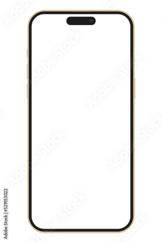 A mockup of the 2022 modern phone in gold with a blank white screen isolated on a white background. Mockup your phone for mockup and demonstration of the app.