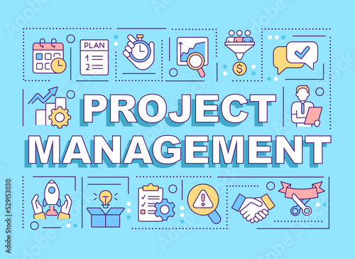 Project management word concepts blue banner. Strategy. Infographics with editable icons on color background. Isolated typography. Vector illustration with text. Arial-Black font used