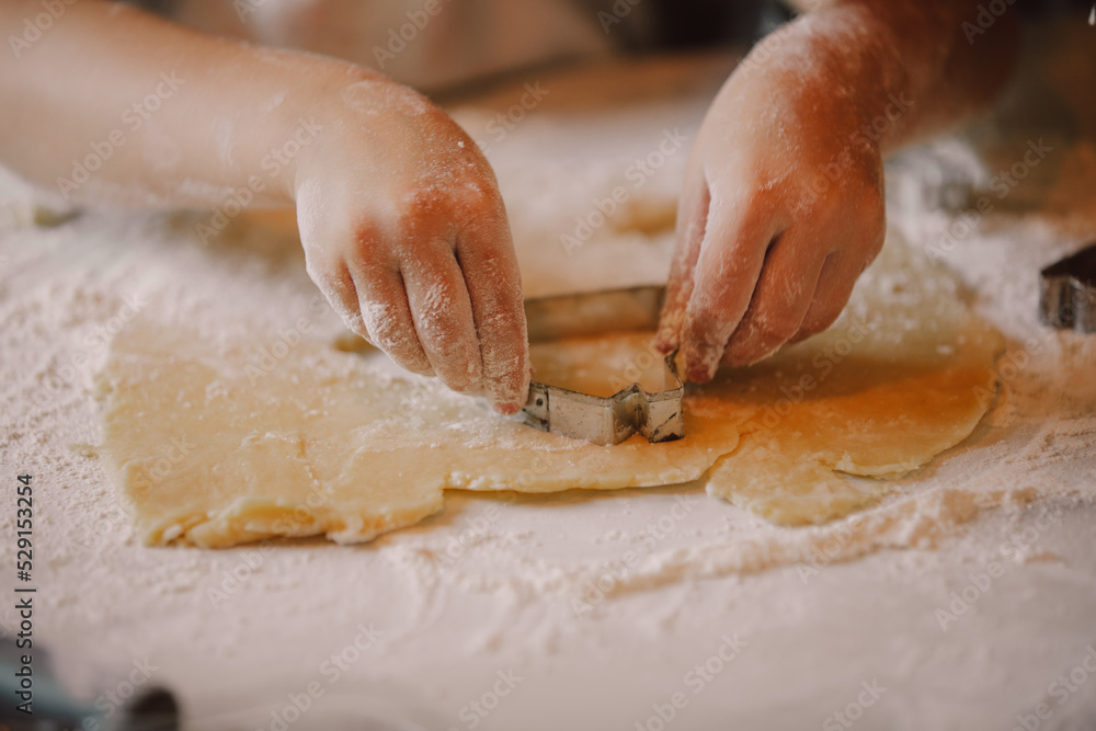 Closeup view on hands how mother with son preparing flour for cookies in the kitchen Closeup view on hands how mother with son preparing flour for cookies in the kitchen