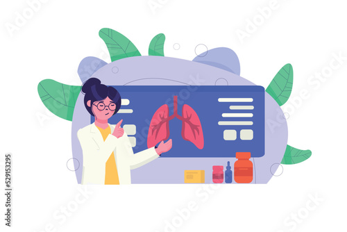 Medical presentation concept with people scene in the flat cartoon style. Doctor introduces new medicines and tells how they affect the lungs. Vector illustration.