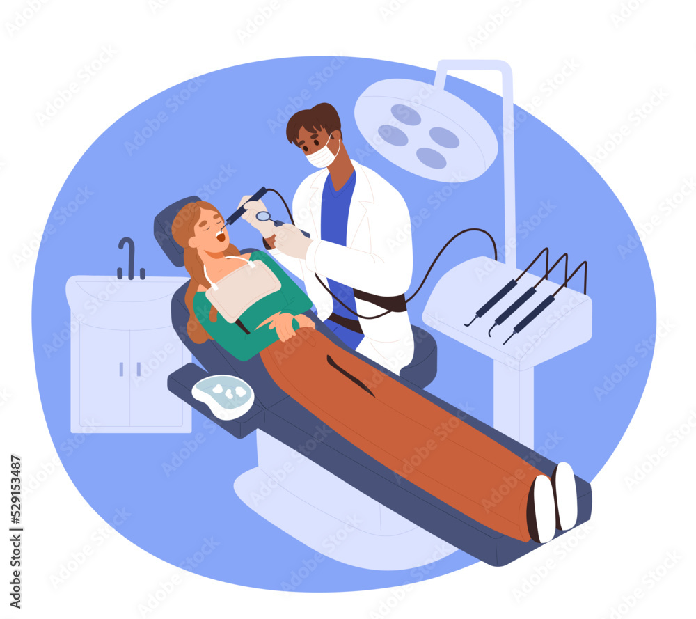 Ultrasound cleaning. Ultrasonic dental care. Scaler. Dentistry concept. Patient at the dental clinic. Help. Toothache. Teeth examination. Dental service. Flat vector illustration.