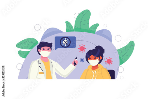 Vaccination concept with people scene in the flat cartoon style. Doctor persuades the girl to get a vaccine so as not to get a serious disease. Vector illustration.