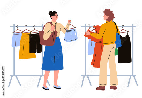 Shopping with friend. Woman choosing outfit, clothes. Girl consulting with her friend. Trading center, store. Dress, shorts, skirts. Flat vector illustration.