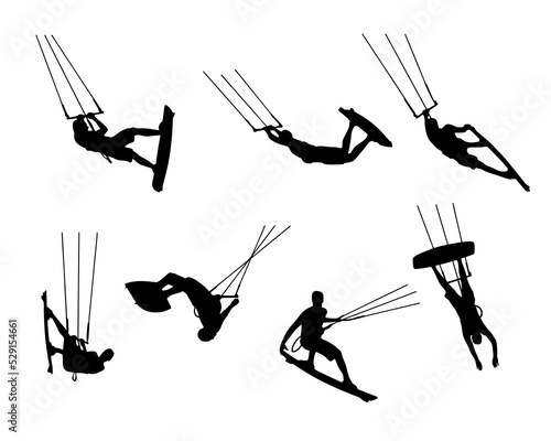 vector kitesurfing silhouettes water sports tricks. Black and white
