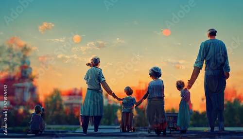 soviet family workers on sunset photo