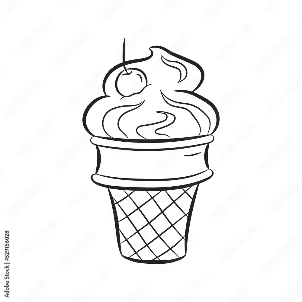 Ice cream waffle cone in black linear drawing style. Ice cream with cherry in doodle style. Vector illustration isolated on white background Ice cream waffle cone in black linear drawing style. Ice cream with cherry in doodle style. Vector illustration isolated on white background