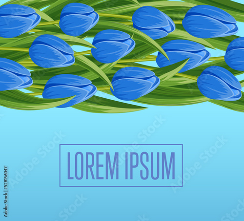Spring banner with blue blooming tulip branche vector illustration. Floral decorated spring flower design for holiday, seasonal celebration, nature feast congratulation greeting card with copy space