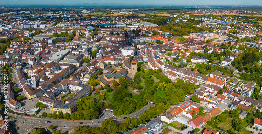 Aerial view of downtown of the city Bruchsal in Germany on a sunny day in summer.