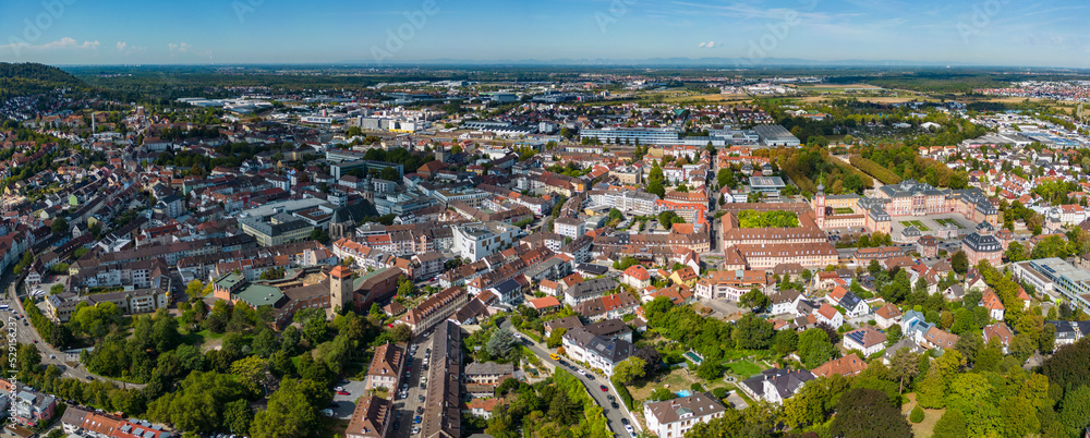 Aerial view of downtown of the city Bruchsal in Germany on a sunny day in summer.