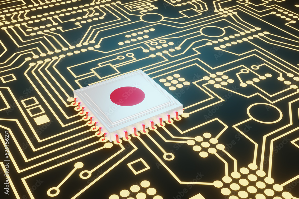 An advanced CPU printed with a flag of Japan on a neon glowing electronic  circuit board. Illustration of the concept of Japan made high-end micro  chips. Stock Illustration | Adobe Stock