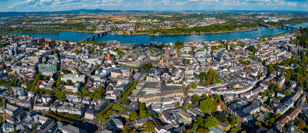 Aerial view of downtown of the city Mainz in Germany on a sunny day in summer.