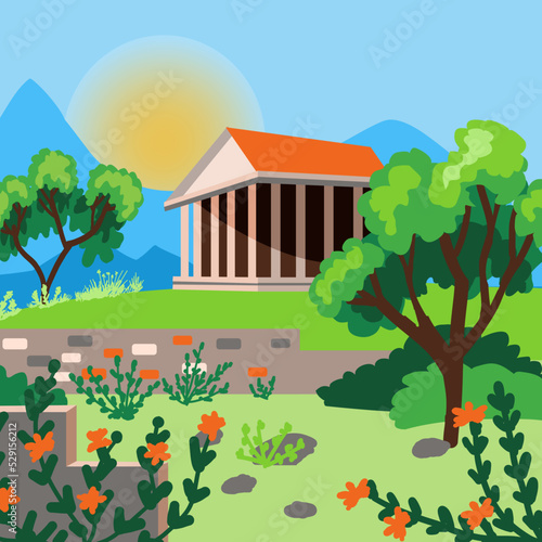 Illustration of the Landscape of an ancient pagan temple in the mountains.  Ruins and an old temple in with columns on the background of mountains.  Garni. Armenia. Vector drawn flat style