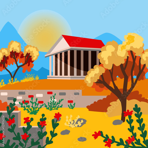illustration of the landscape of an ancient pagan temple in the mountains.  Autumn landscape of Ruins and an old Greek-style temple with columns the background of mountains.  hand drawn flat style