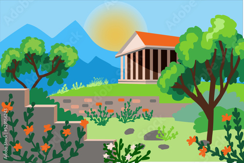Landscape of an ancient pagan temple in the mountains. Illustration of ancient ruins and an old Greek-style temple with columns against the background of mountains.  Vector hand-drawn flat style