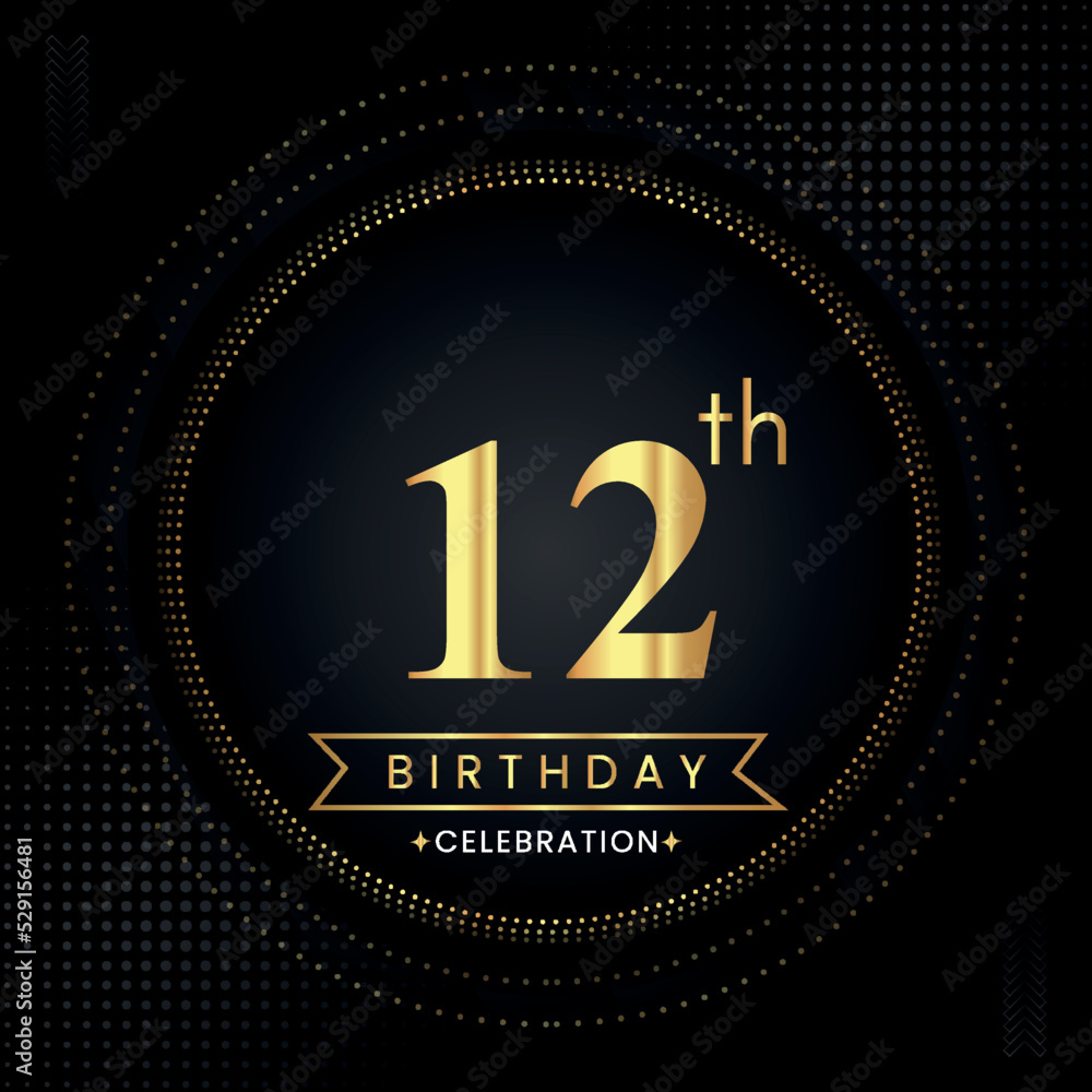 Happy 12th birthday with golden dotted circle frames on black ...