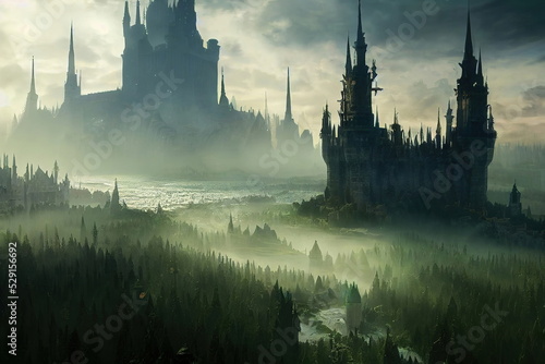 Print op canvas Majestic fantasy gothic castle in the river valley