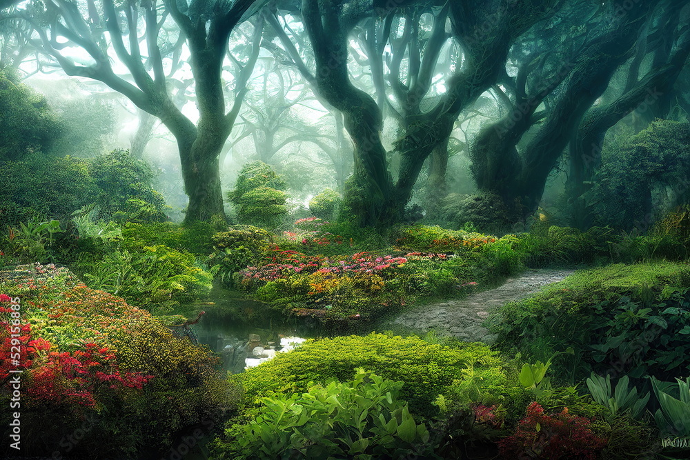 Beautiful fantasy misty forest background. Fantasy Backdrop. Realistic