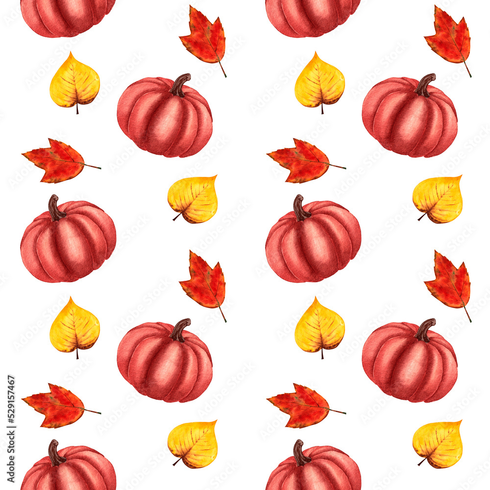 Watercolor seamless pattern with autumn leaves, pumpkins on a white background. Halloween holiday design, Thanksgiving, harvest. Watercolor seamless pattern with autumn leaves, pumpkins on a white background. Halloween holiday design, Thanksgiving, harvest.